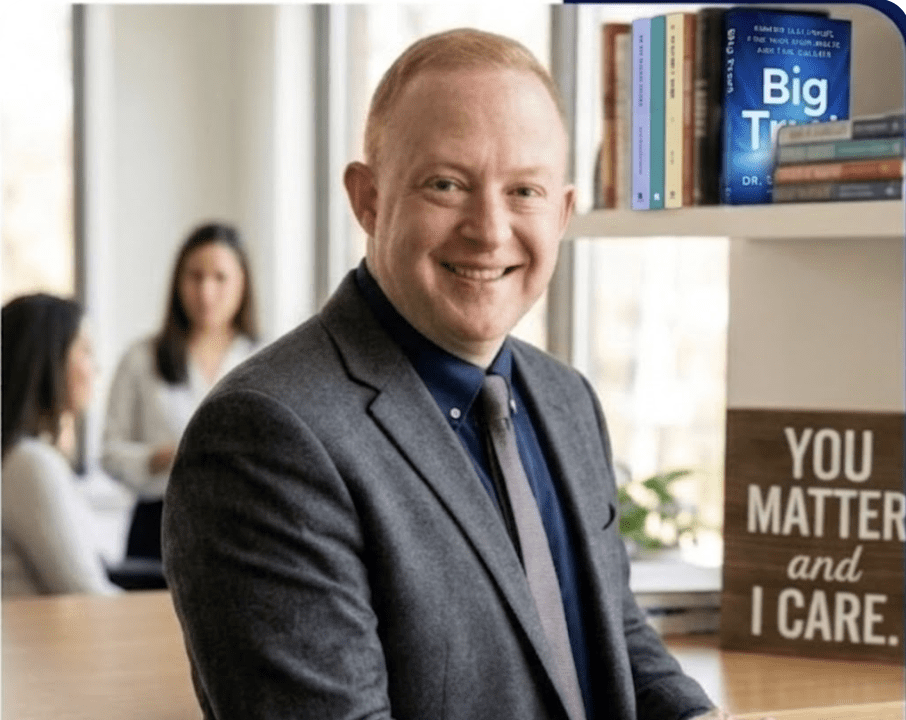 Smiling man in a suit standing indoors with a woman and books in the background.