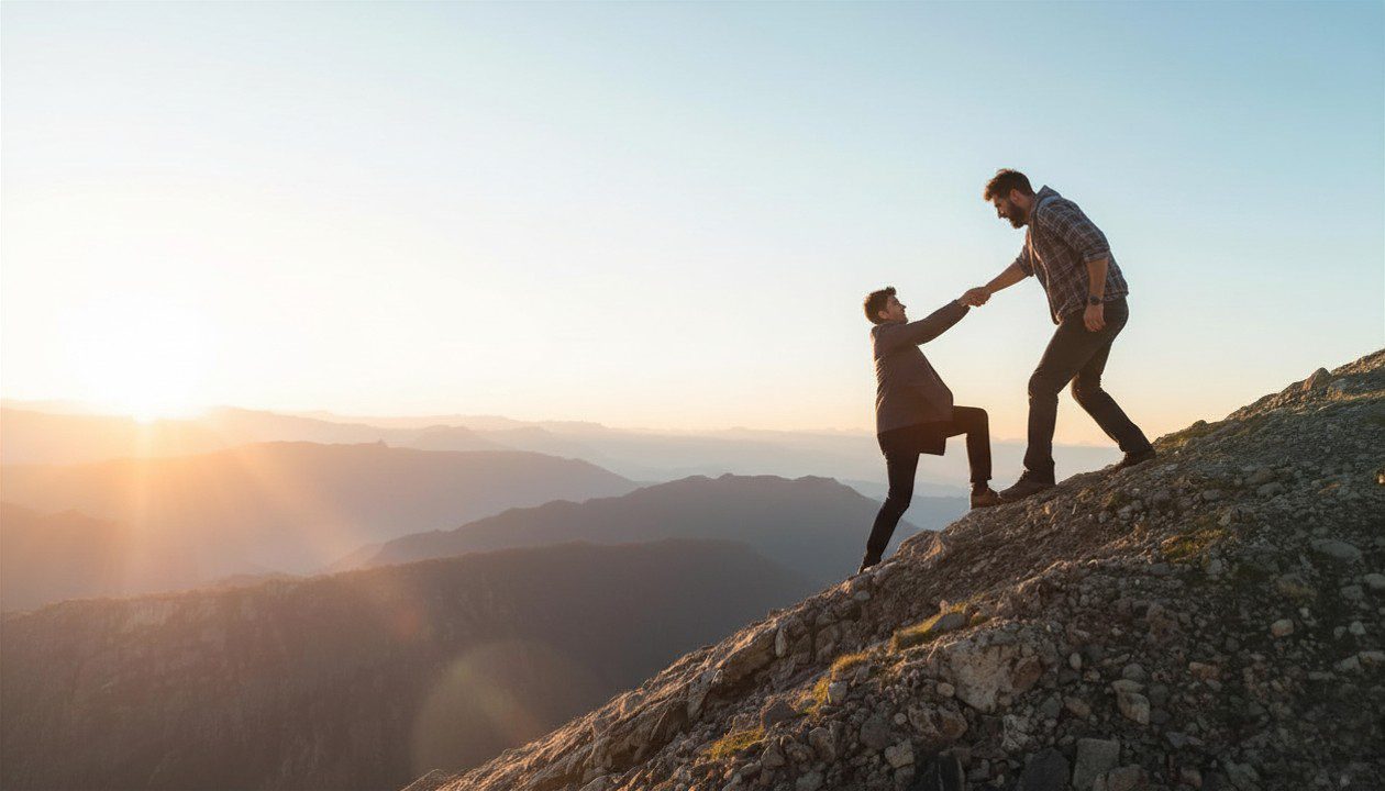 Two people hiking up a mountain slope.