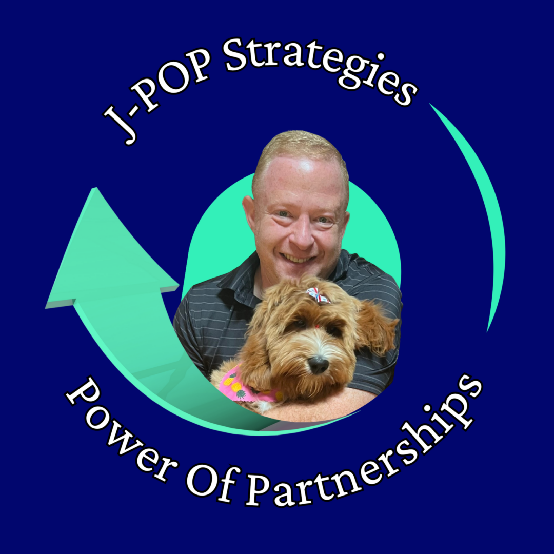 Man holding dog, J-POP Strategies logo.